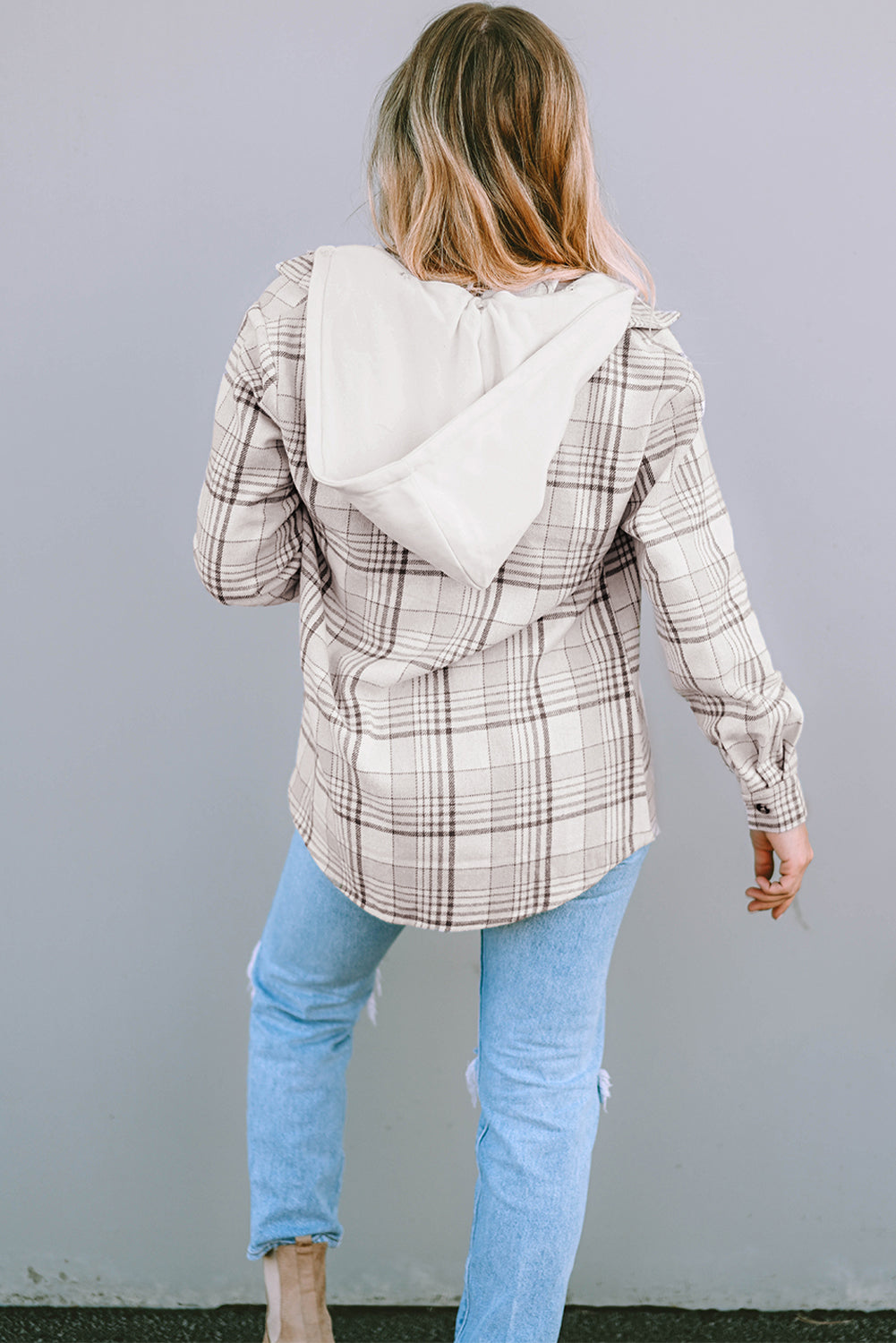 Khaki Plaid *Removable Hood* Buttoned Shacket