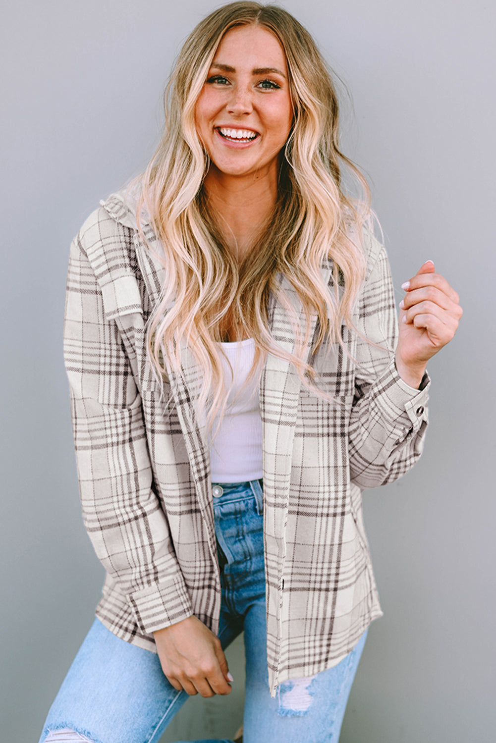 Khaki Plaid *Removable Hood* Buttoned Shacket