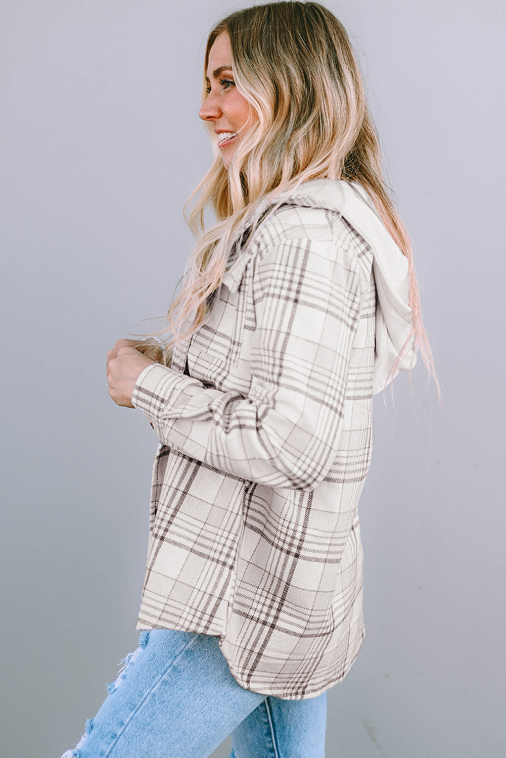 Khaki Plaid *Removable Hood* Buttoned Shacket