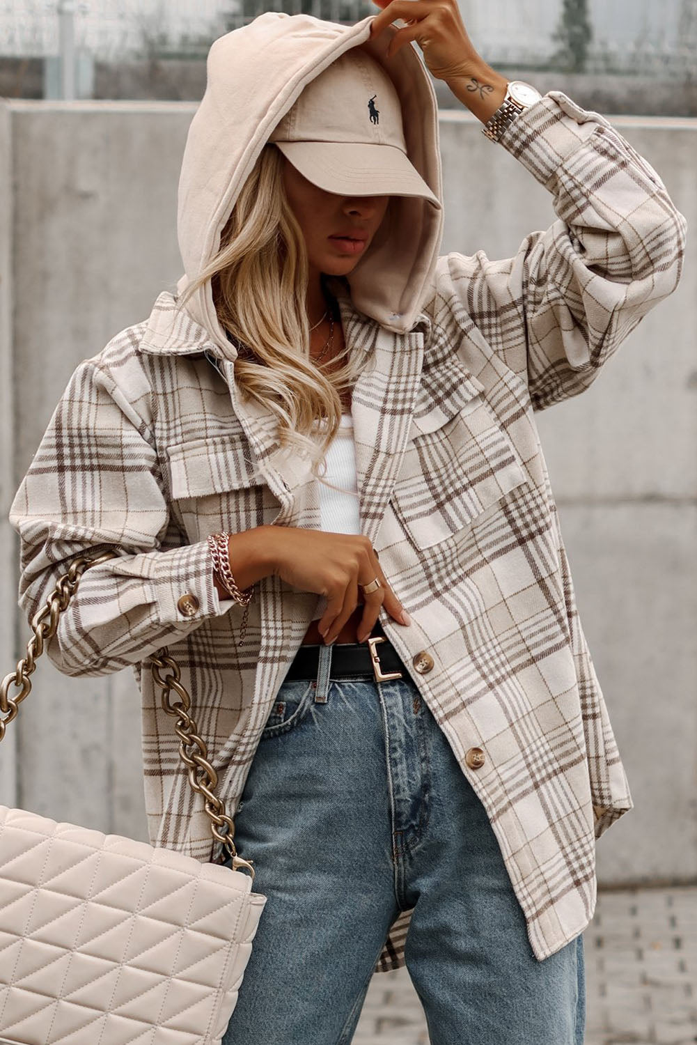 Khaki Plaid *Removable Hood* Buttoned Shacket