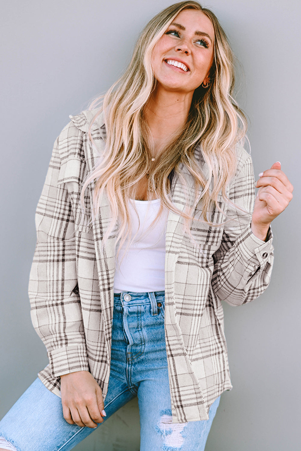Khaki Plaid *Removable Hood* Buttoned Shacket