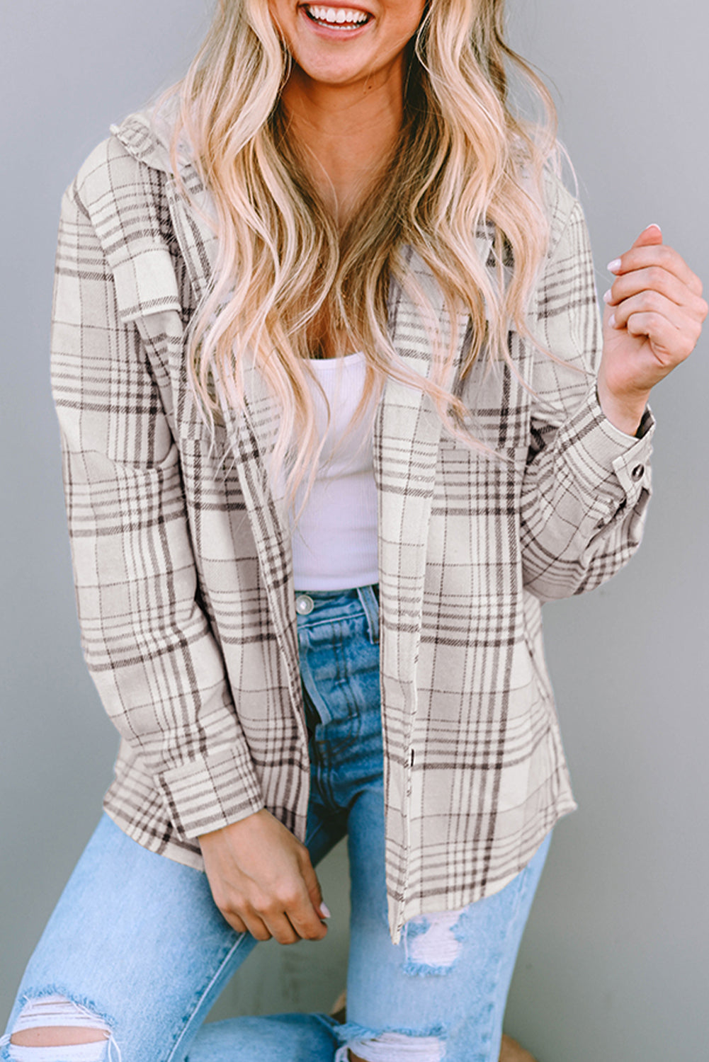 Khaki Plaid *Removable Hood* Buttoned Shacket