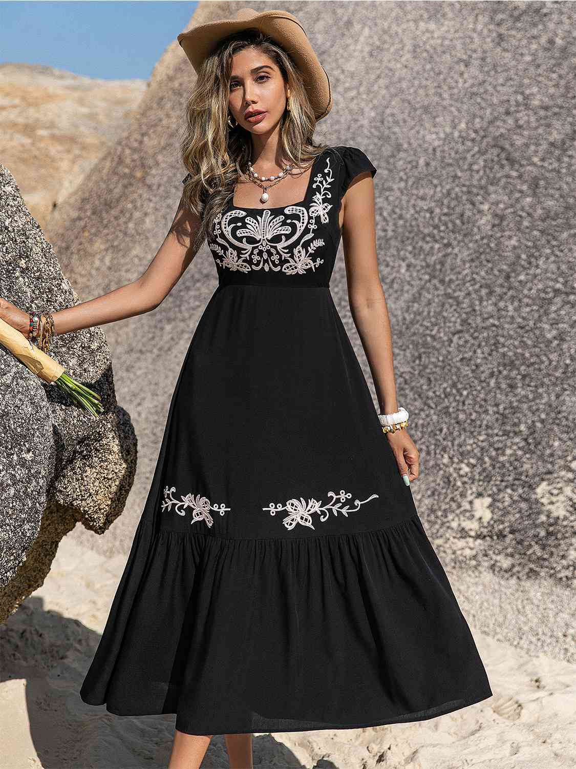 Embroidered Square Neck Ruffle Hem Dress Embroidered Square Neck Ruffle Hem Dress