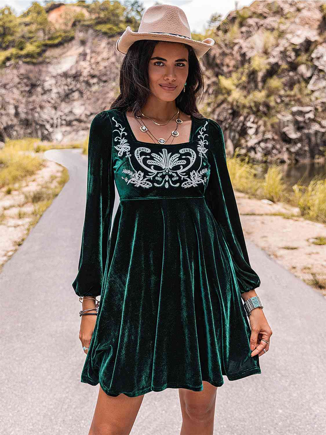 Embroidered Square Neck Long Sleeve Dress Rae Brooks Co. Embroidered Square Neck Long Sleeve Dress Rae Brooks Co.
